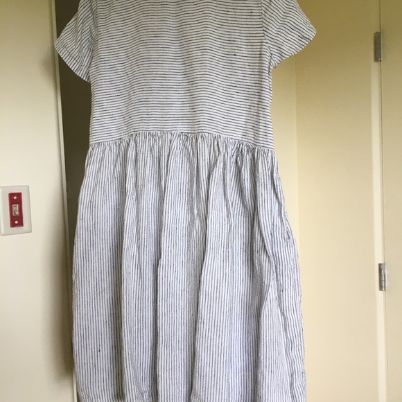 Offon Women's Linen Dress Gray White Stripe Nursing Friendly Buttons Pockets - Picture 6 of 13